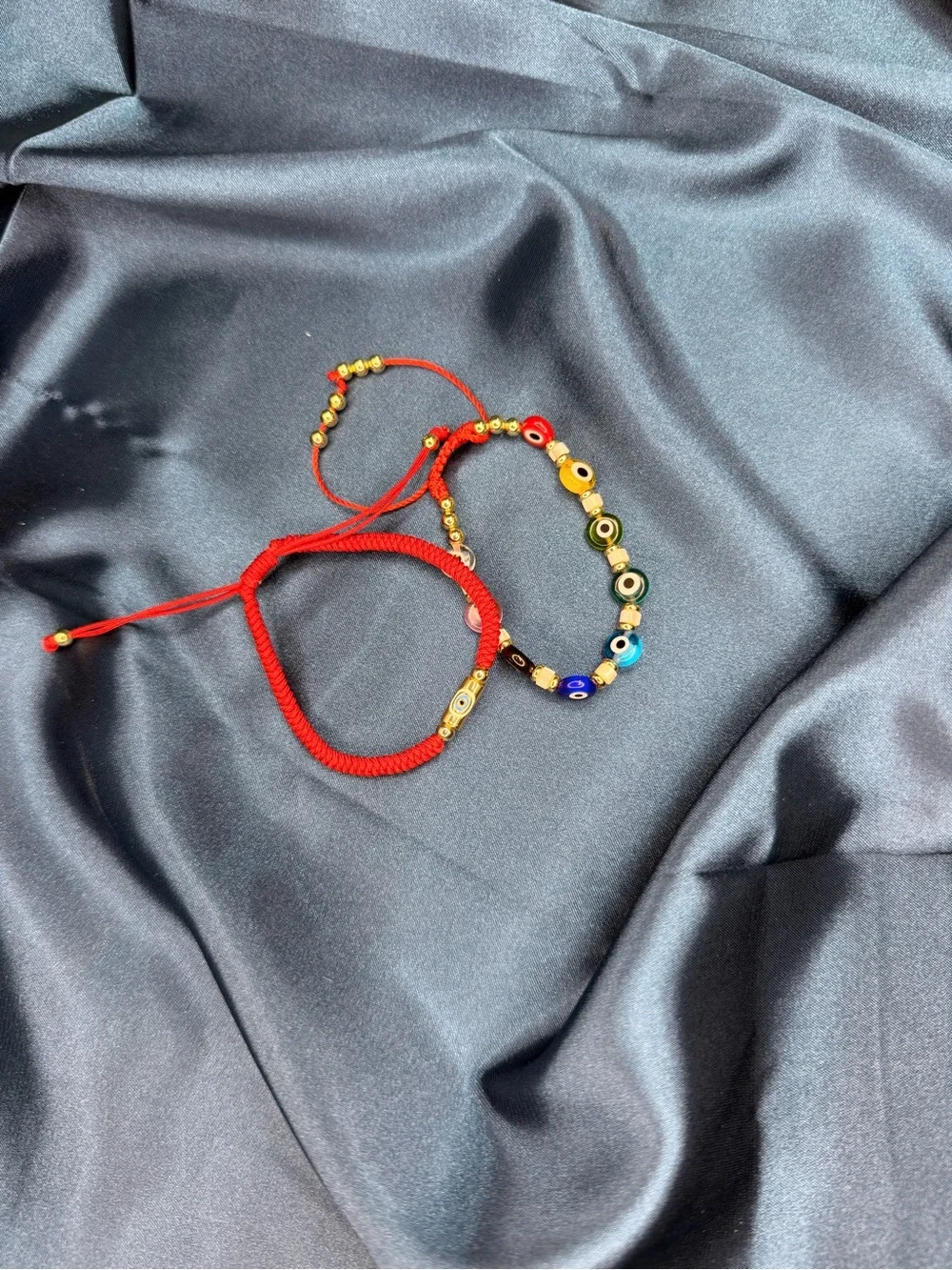 Kids Red Cord and Multicolor Beaded Evil Eye Bracelet Set